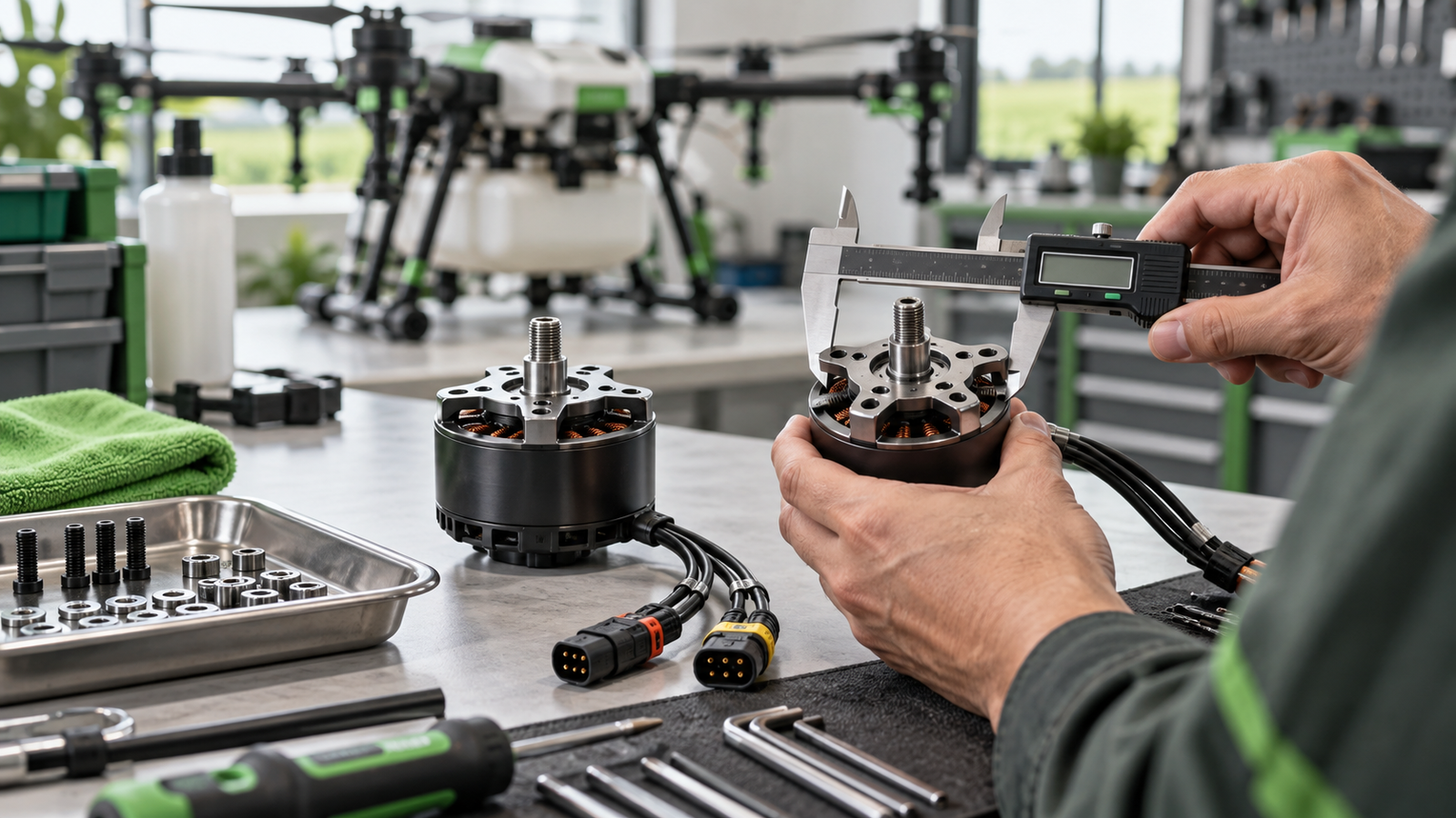 Technician measuring a drone component with a caliper beside replacement parts