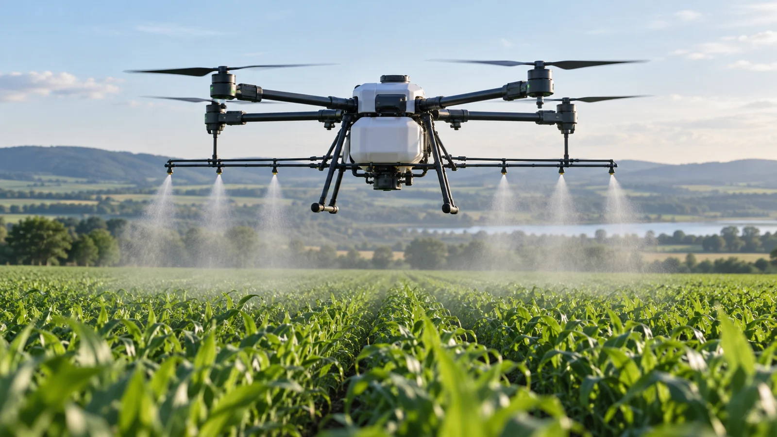 Agricultural spraying drone flying above green crop rows